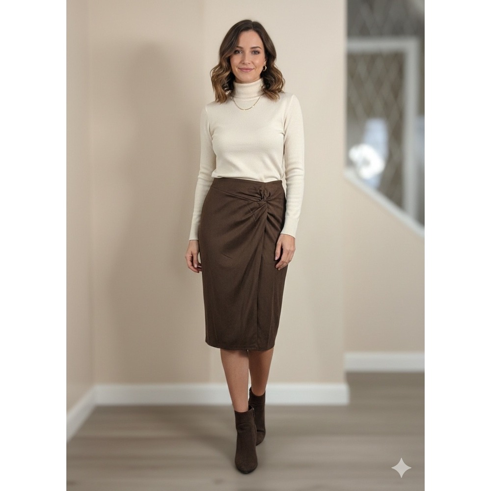 Hem & Thread Brown Faux Suede Knot Front Wrap Midi Pencil Skirt Size Large